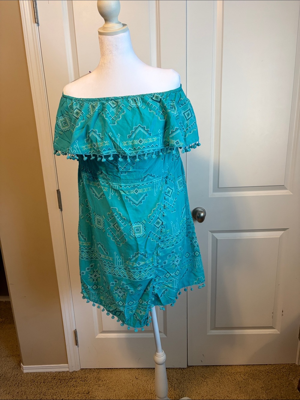Wrangler Teal Aztec Off-Shoulder Midi Dress